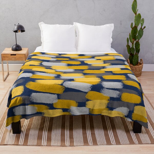 Abstract Grey and Mustard Yellow Paint Brush Effect on Navy Blue Throw Blanket