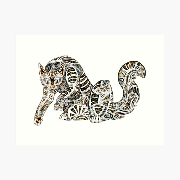 Katze mit Tusche und Bronze Mustern Kunstdruck