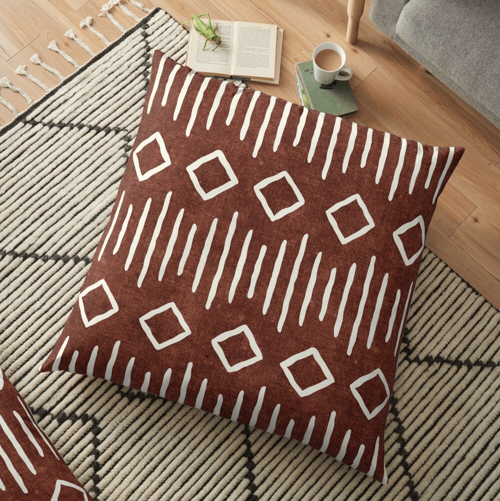 boho mudcloth in rust Floor Pillow