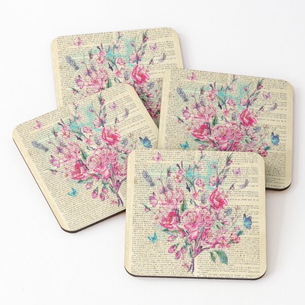 Item preview, Botanical print, on old book page - pink garden flowers and butterflies designed and sold by Art by Lilia.