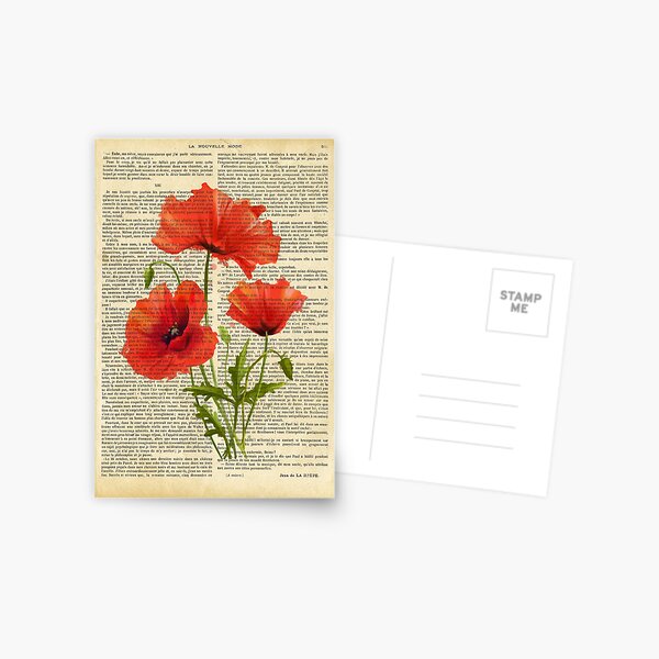 Item preview, Botanical print, on old book page - red poppies designed and sold by Art by Lilia.