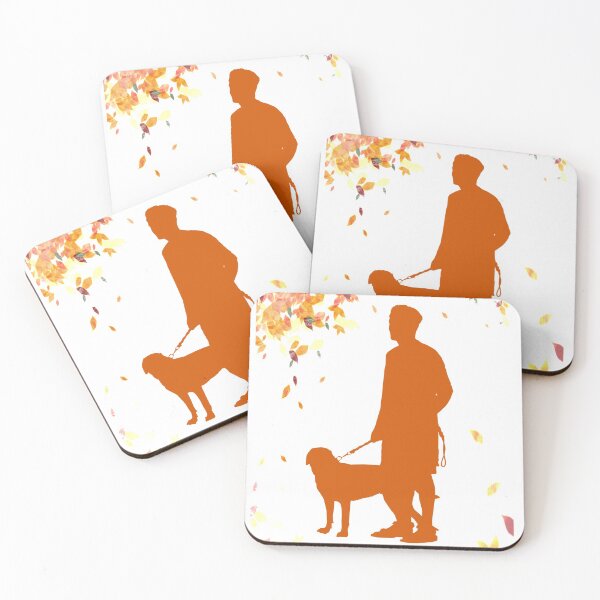 Item preview, orange and multicolored leaves art, Autumn leaf color, Autumn poster frame, Dog walking Silhouette, Man with Dog Silhouette designed and sold by Halalolo.