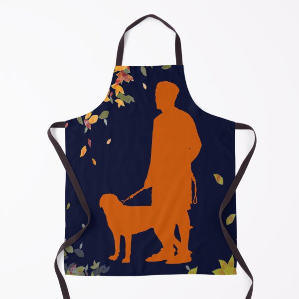 Artikelvorschau, orange und bunte Blätterkunst, Herbstblattfarbe, Herbst-Plakatrahmen, Hundespaziergang-Silhouette, Mann mit Hund-Silhouette entworfen und verkauft von Halalolo.
