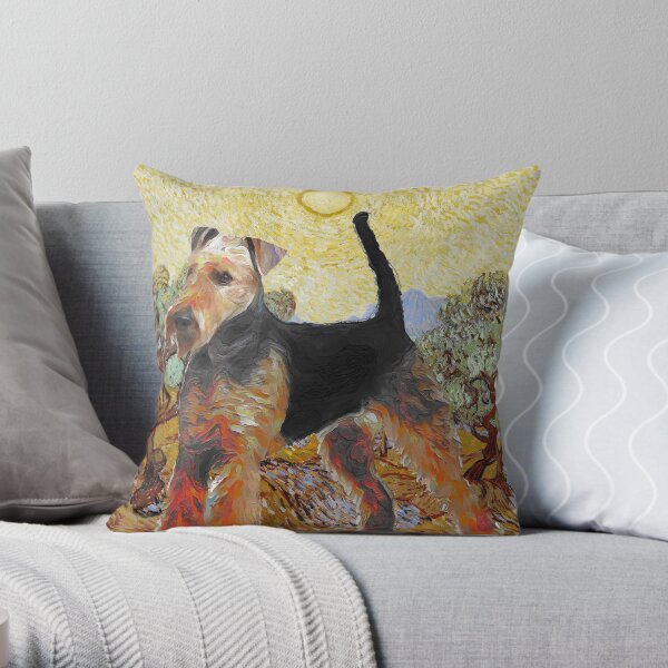 Airedale Terrier Dog Art Van Gogh Olive Trees Throw Pillow