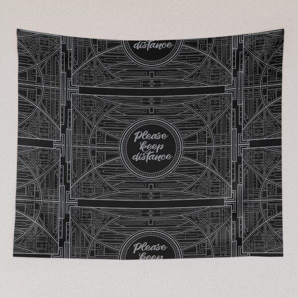 Item preview, Please keep your distance Vintage Art Deco design in black face mask designed and sold by MadandMean.