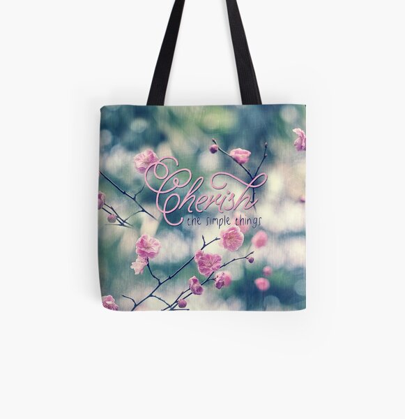 Cherish the Simple Things Pink Plum Blossoms All Over Print Tote Bag