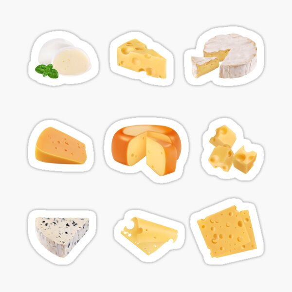 3D Cheese Variety - Mozarella, Swiss, Cheddar, Camembert, Emmental, Gouda Gorgonzola Sticker