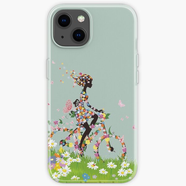 woman riding bicycle with flowers illustration, Bicycle Flower, Colorful spring woman silhouette material iPhone Soft Case