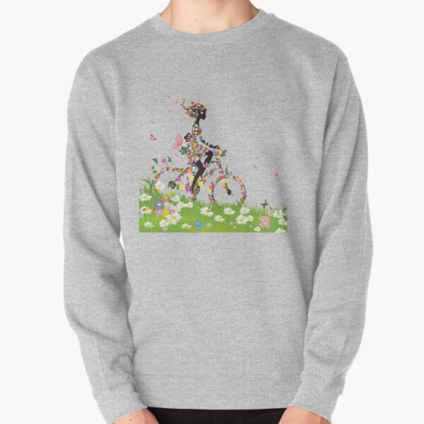 woman riding bicycle with flowers illustration, Bicycle Flower, Colorful spring woman silhouette material Pullover Sweatshirt