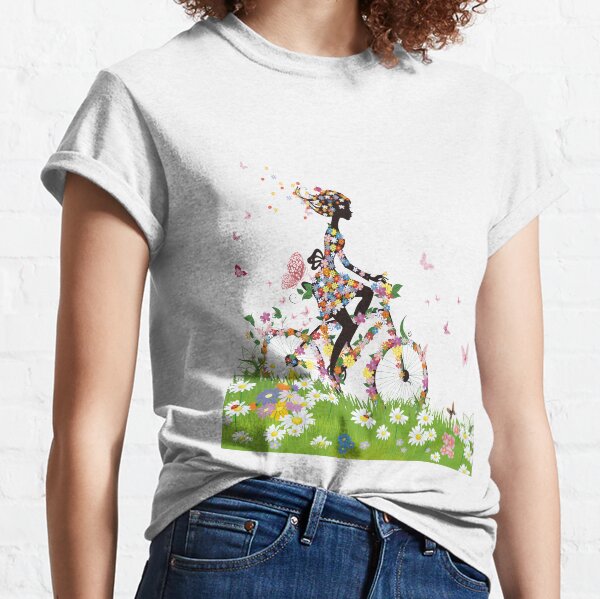 woman riding bicycle with flowers illustration, Bicycle Flower, Colorful spring woman silhouette material Classic T-Shirt