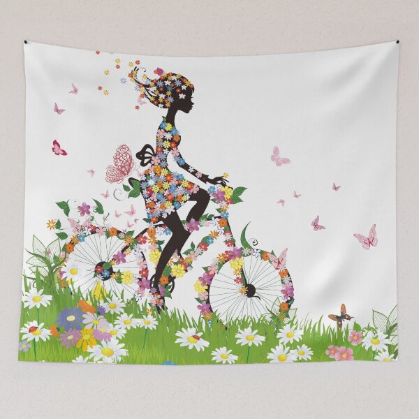Aperçu de l'œuvre Femme à vélo avec illustration de fleurs, fleur de bicyclette, matériel de silhouette de femme printemps coloré créée et vendue par Halalolo.