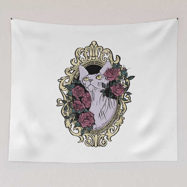Item preview, Point Seal Lilac Hairless Sphynx Cat in a Baroque Frame Surrounded by Mystical Blue Roses - White Background designed and sold by AnanasArt.