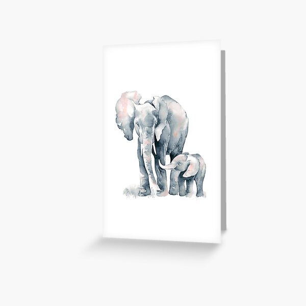 Card 4 34 x 6 12 Elephants A pen and ink on scratchboard drawing of an elephant with a baby elephant