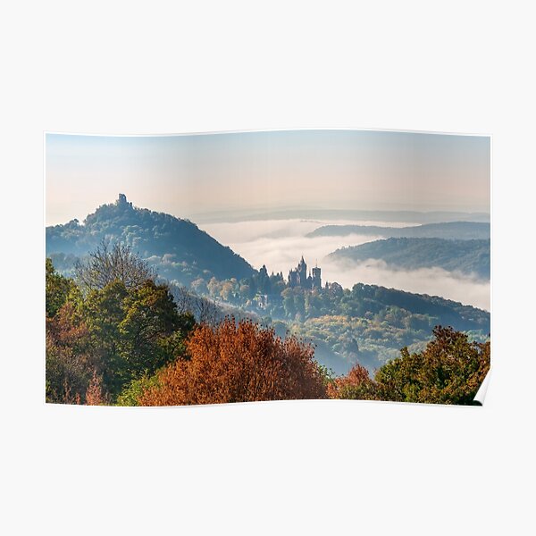 Drachenfels with ruin and castle Drachenburg, Siebengebirge Poster