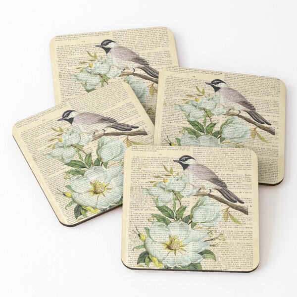 Item preview, Botanical print, on old book page - White magnolia blossom  and bird designed and sold by Art by Lilia.