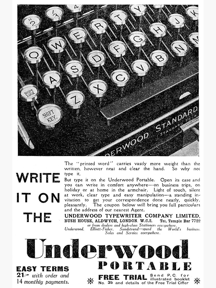"Underwood Typewriter Co. Underwood Portable 1931 Vintage Advert