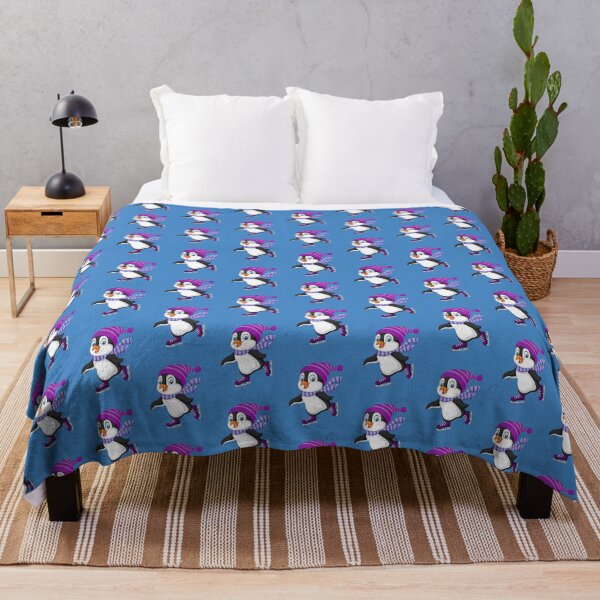 Vista previa del artículo con la obra «Lindo pingüino patinaje sobre hielo sombrero morado patines», diseñado y vendido por WildHoneyDesign.