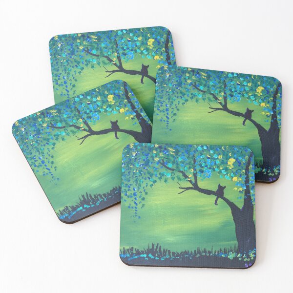 Cat on a tree branch with colorful leaves Coasters (Set of 4)