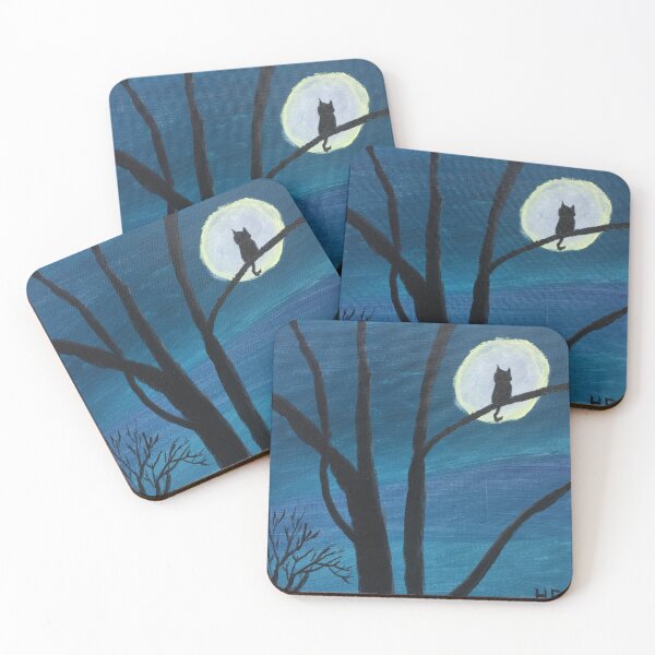 Cat Silhouette in the Moon Coasters (Set of 4)