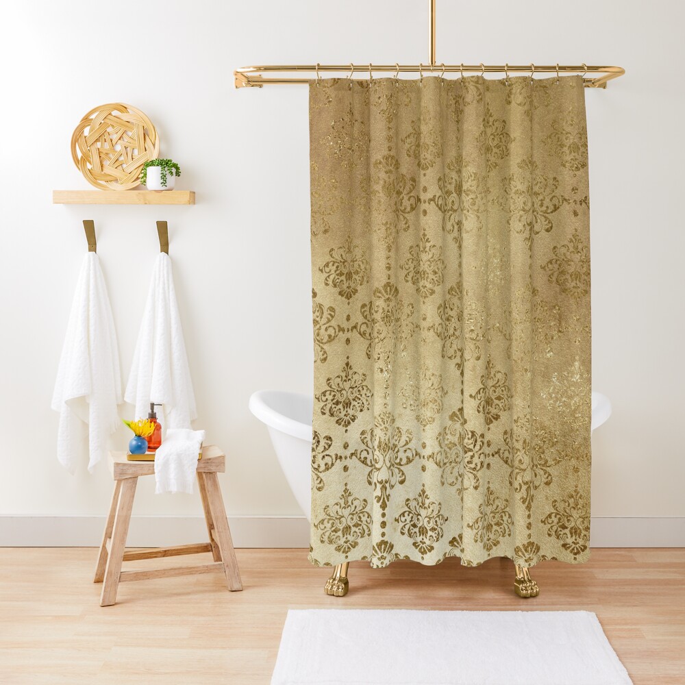 "Elegant Gold On Gold Faux Glitter Damask" Shower Curtain for Sale by