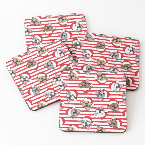 Item preview, Christmas Pit bulls - Santa hats - pitties on red stripes designed and sold by littlearrow.