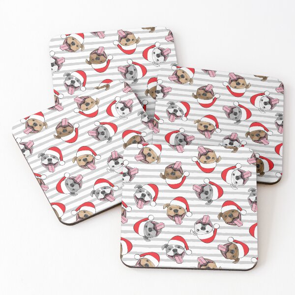 Item preview, Christmas Pit bulls - Santa hats - pitties on grey stripes designed and sold by littlearrow.