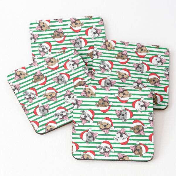 Item preview, Christmas Pit bulls - Santa hats - pitties on green stripes designed and sold by littlearrow.