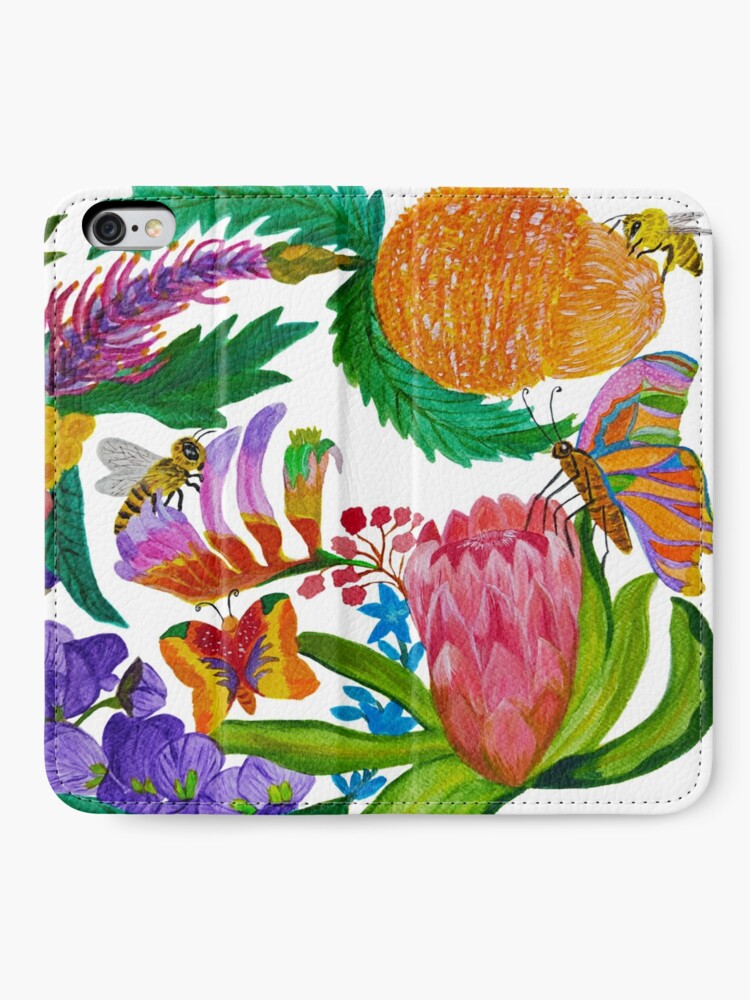 Alternate view of Australian native flowers wreath with bees and butterflies iPhone Wallet