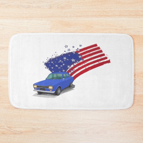 Item preview, Iconic Ford Escort From the 70s with the American Flag behind - illustration designed and sold by ibadishi.