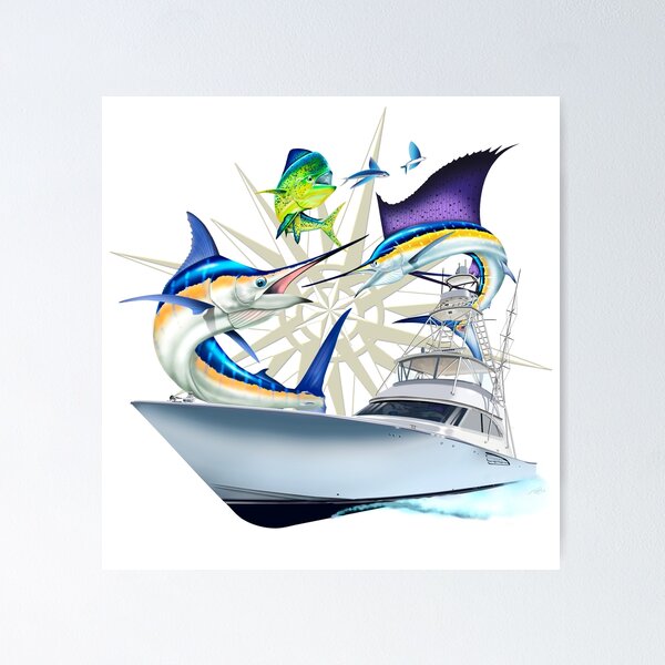Vista previa del artículo con la obra «Marlines marinos: aguja azul, pez vela, mahi mahi, yate vikingo», diseñado y vendido por Mary Tracy.