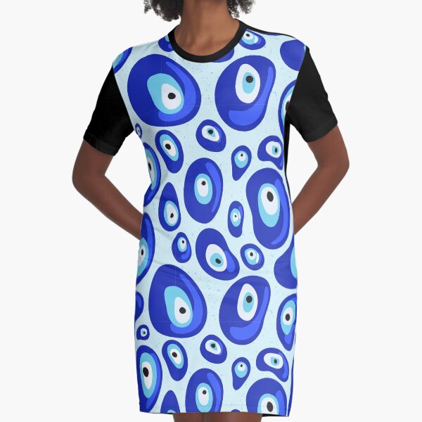Blue Evil Eye Protection Pebbles Patterns Graphic T-Shirt Dress
