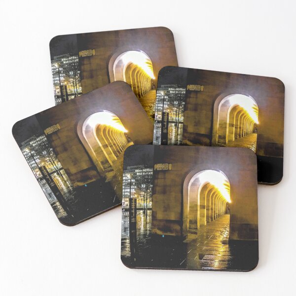 Item preview, Golden arched passageway at night near St Peter's Square and Lloyd Street Manchester at night designed and sold by SarahStephensPh.