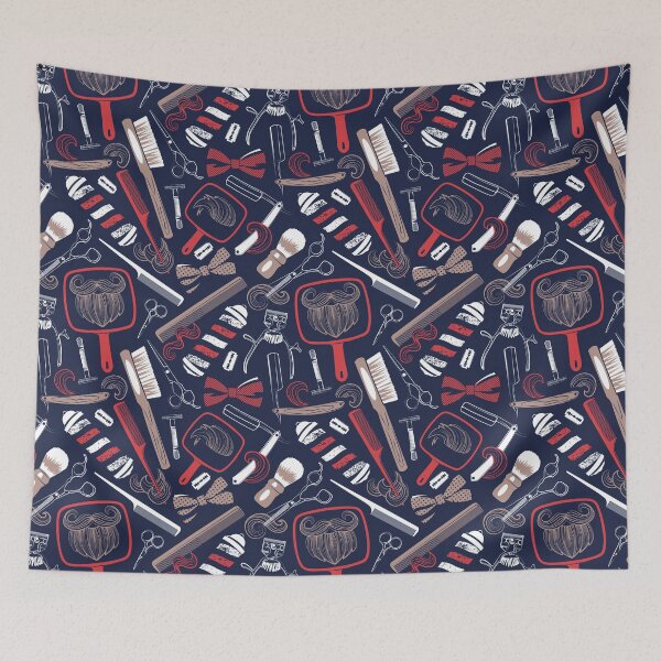 Item preview, Shear shave shine // midnight blue background red white and brown vintage barber shop tools designed and sold by SelmaCardoso.