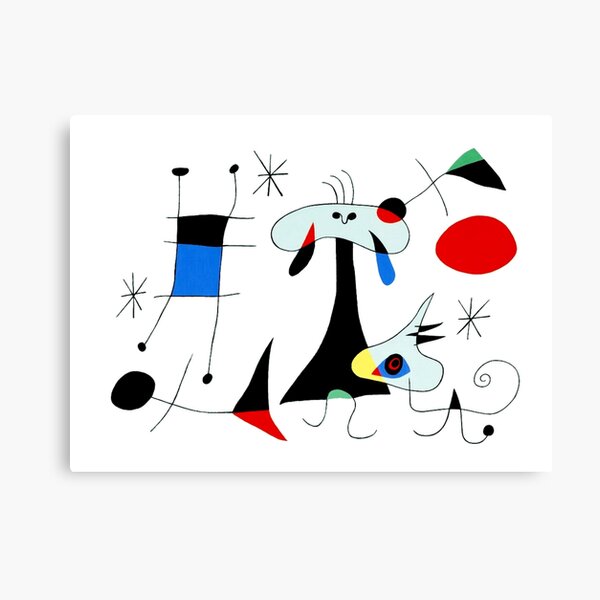 Joan Miró Surréalisme abstrait | "Figure, chiens, oiseaux" Impression sur toile