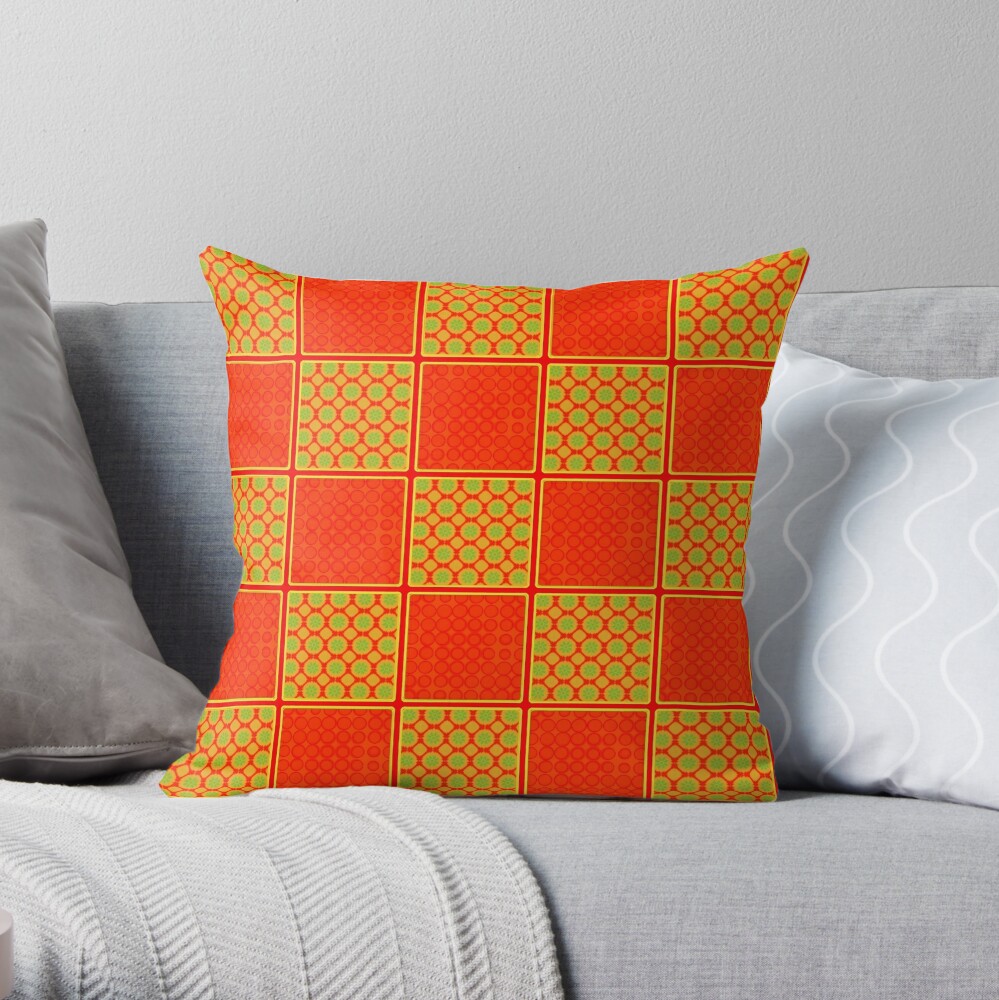 LIGHT ORANGE AND INTERNATIONAL ORANGE  PATCHWORK CHECKS WITH SQUARES AND SMALL POLKADOTS Throw Pillow