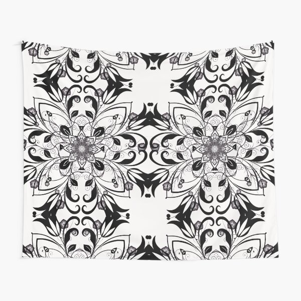 Black and White Flower Mandala Tapestry