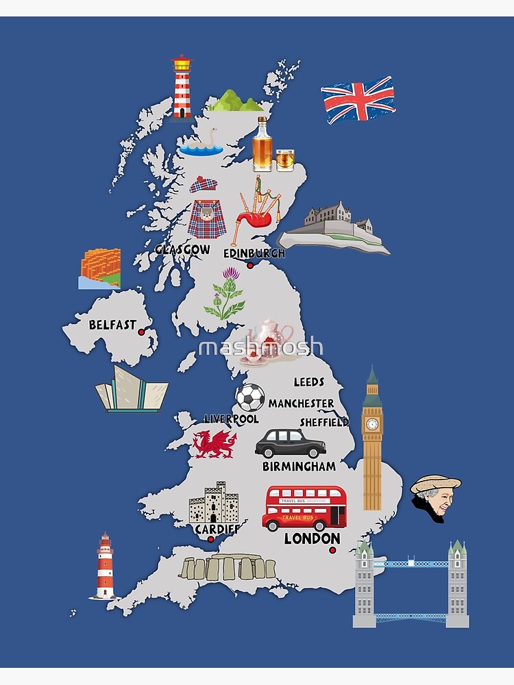 Petrificar Dormitorio idioma Lámina rígida «Mapa del Reino Unido mapa ilustrado del Reino Unido que  muestra las principales atracciones y monumentos» de mashmosh | Redbubble