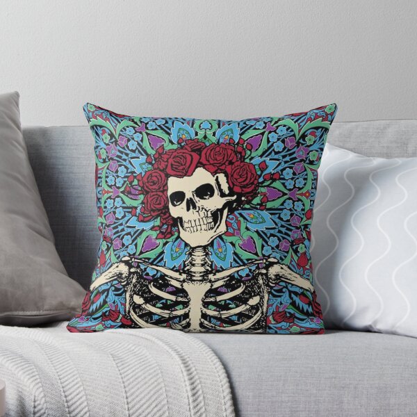 Retro Skeleton Roses Throw Pillow