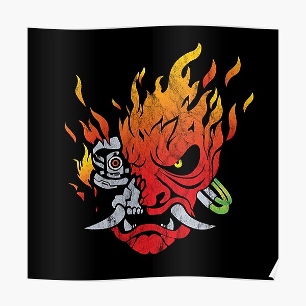 Flaming Japanese Cyberpunk Samurai Demon Skull Poster