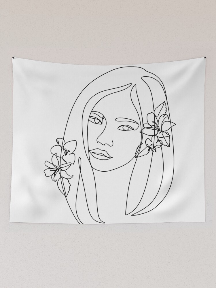 T te de fleur de ligne d art. Imprim femme minimaliste. Illustration de dessin au trait fille noir et blanc. Visage naturel de jolie femme avec des