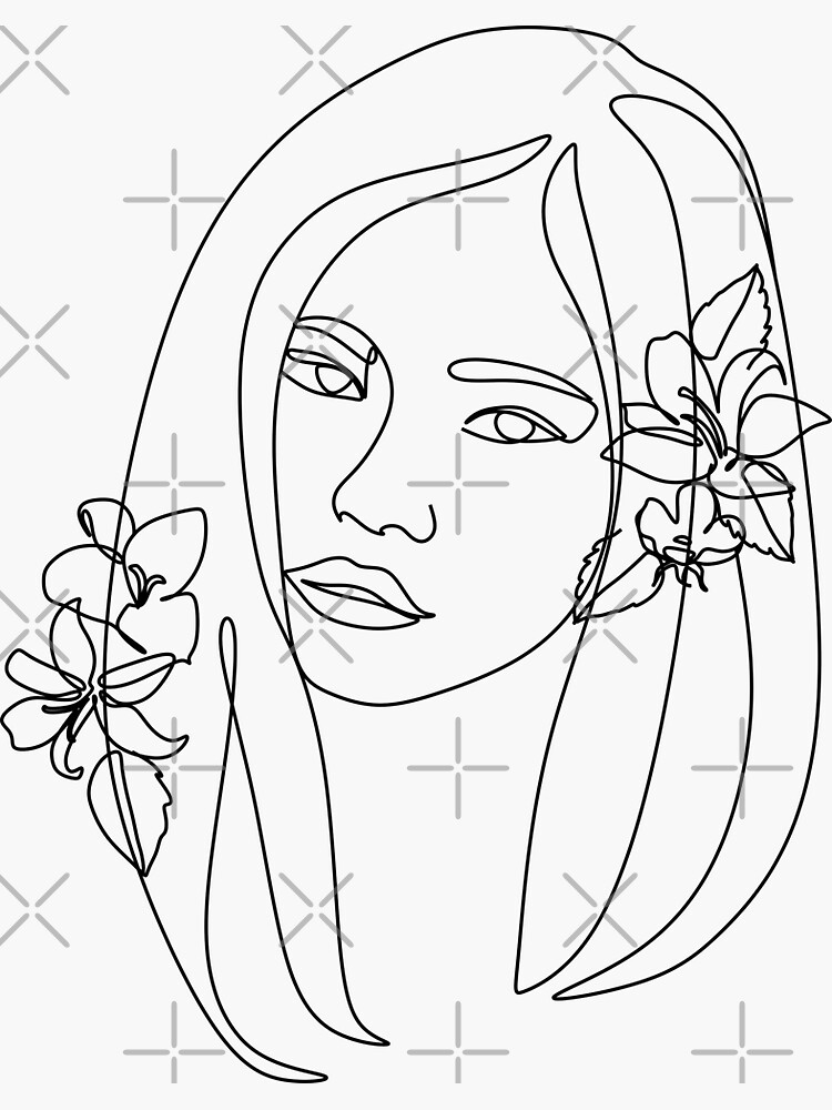 Art line flower head. Minimalist woman print. Black and white girl line  drawing illustration. Pretty woman natural face with flowers in line art  drawing. Portrait minimalistic style. Botanical print.