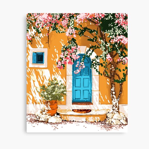 Oh The Places You Will Go, Summer Travel Spain Greece Painting, Architecture Building Bougainvillea Canvas Print