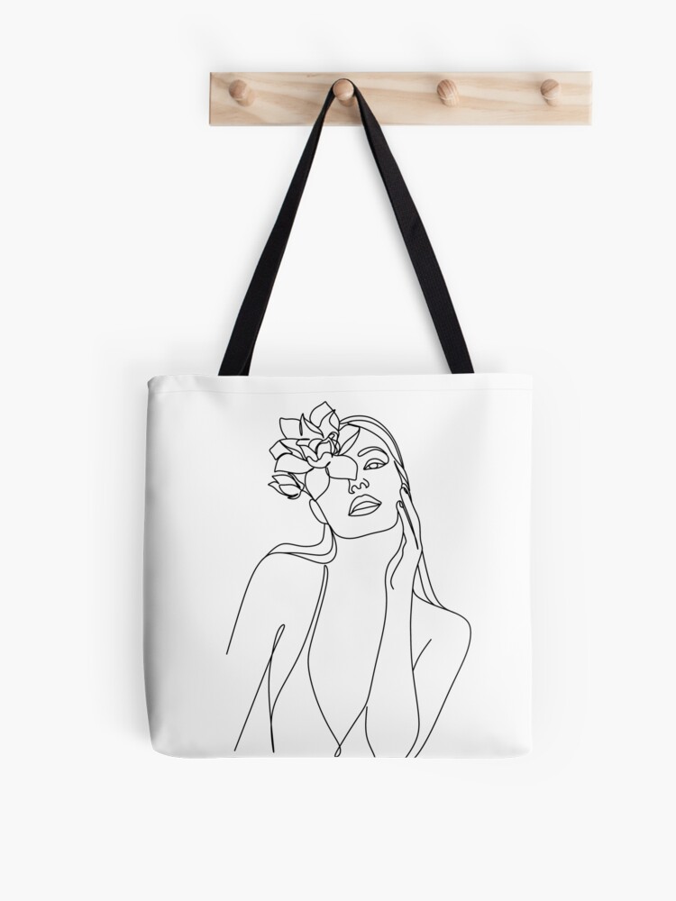 Woman With Flowers Minimal Line Art Tote Bag