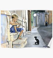 Boy playing flute for cat Poster