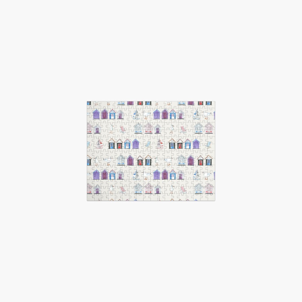 Beach Huts, Bournemouth - on grey - original watercolour pattern by Cecca Designs Jigsaw Puzzle