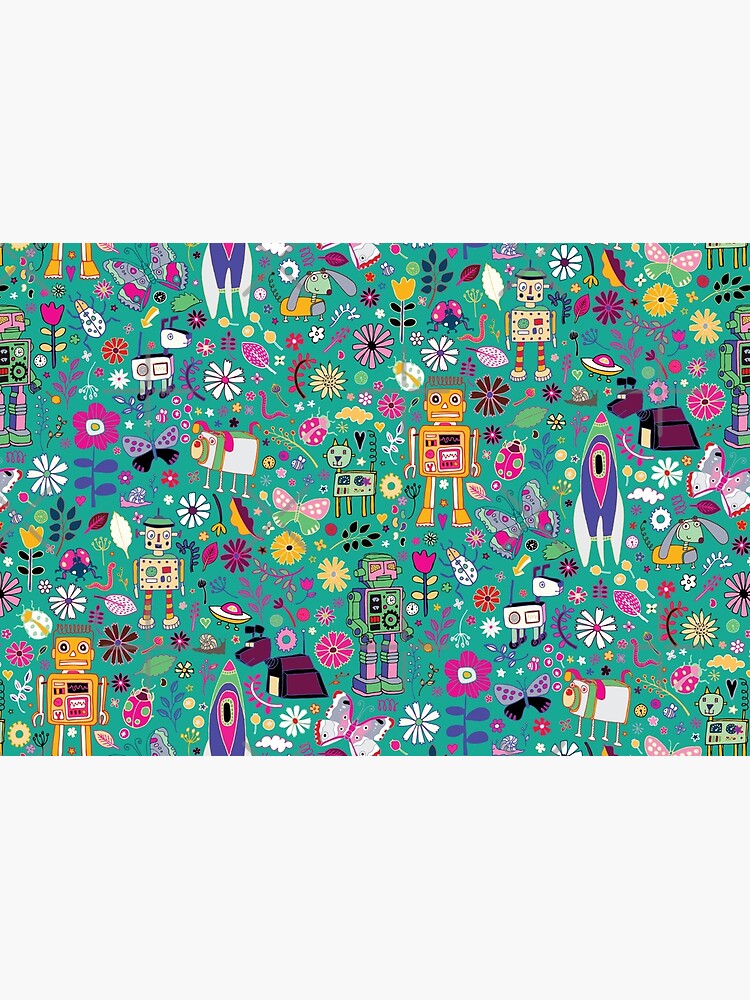 Electric Dreams - pink and turquoise - floral robot fun pattern by Cecca Designs by Cecca-Designs