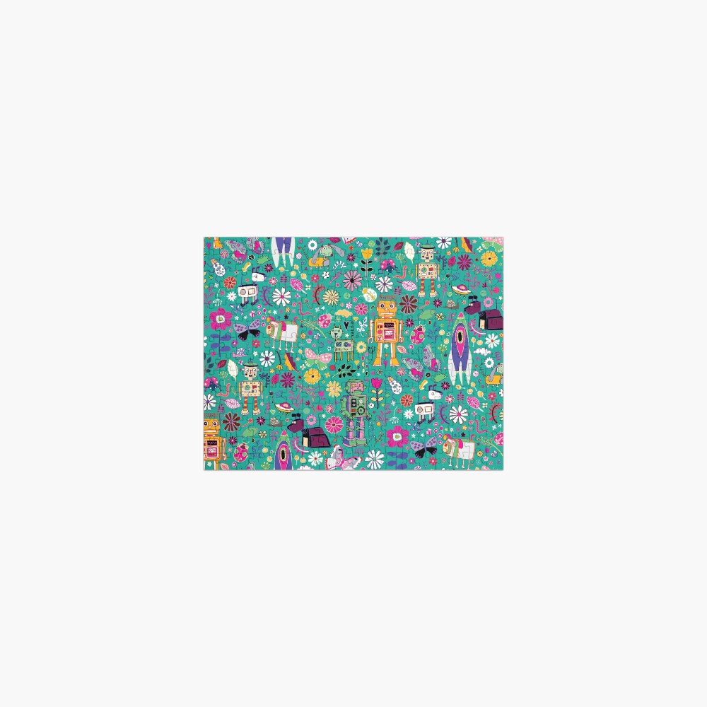 Electric Dreams - pink and turquoise - floral robot fun pattern by Cecca Designs Jigsaw Puzzle