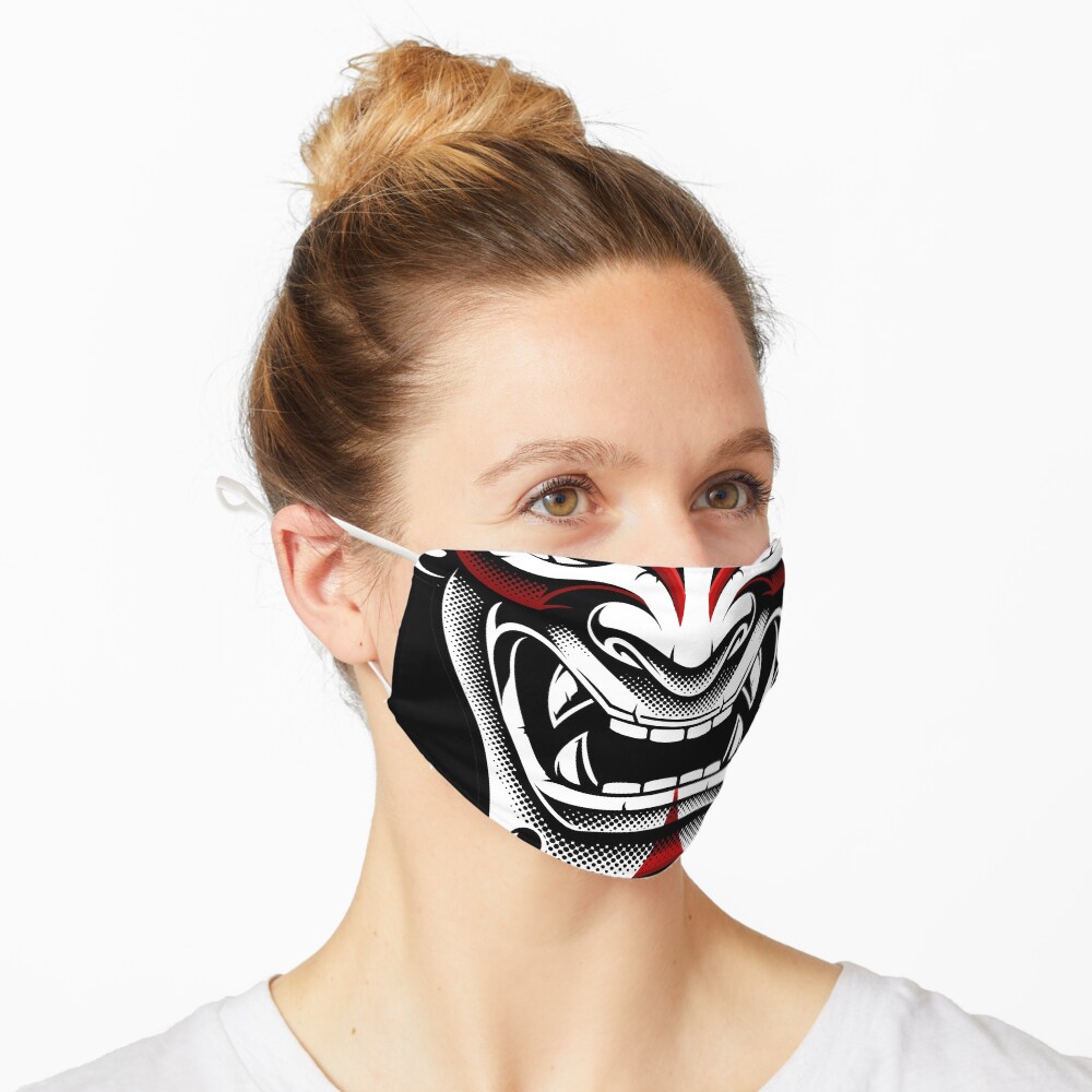 White & Red Okami Kitsune Kabuki Japanese Oni Demon Mask Mask