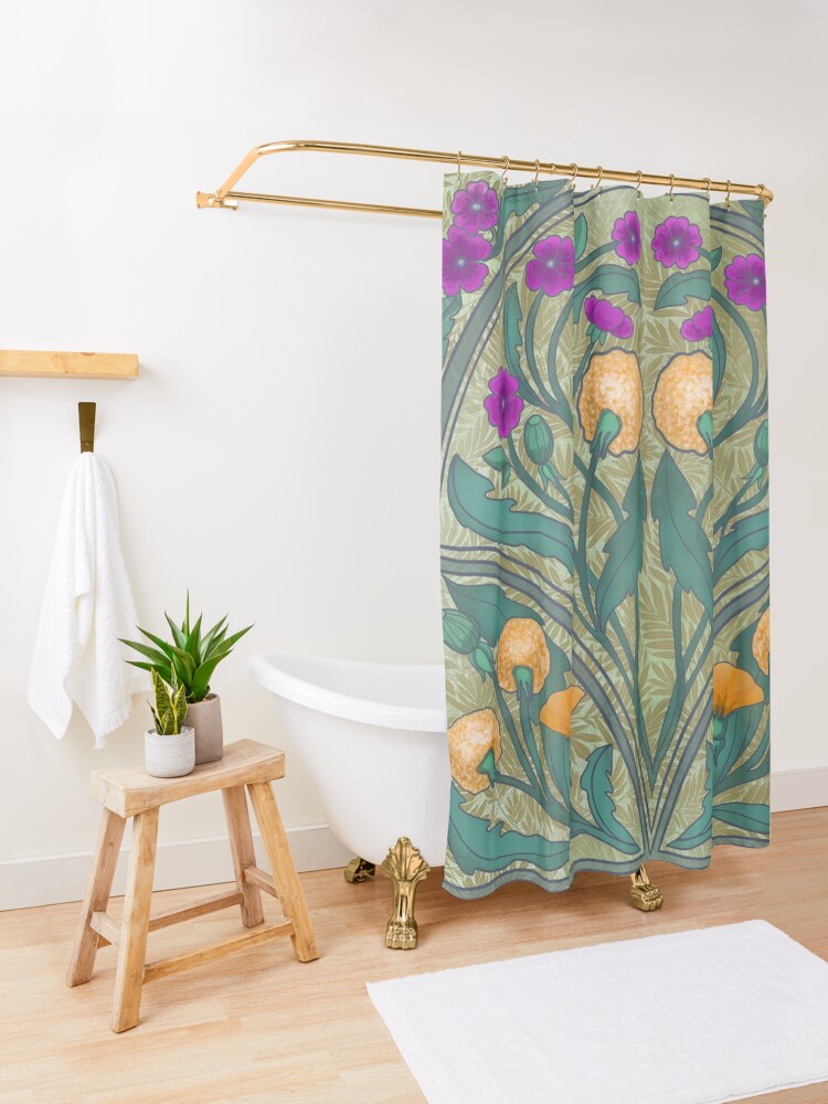 Alternate view of Dandelion and Primrose Shower Curtain