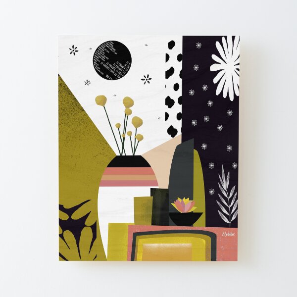 composition graphique abstraite forme vase motif fleuri rose vert noir corail Impression montée sur bois